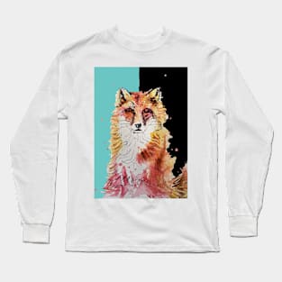 Fox Watercolor Painting on Black and Aqua Long Sleeve T-Shirt